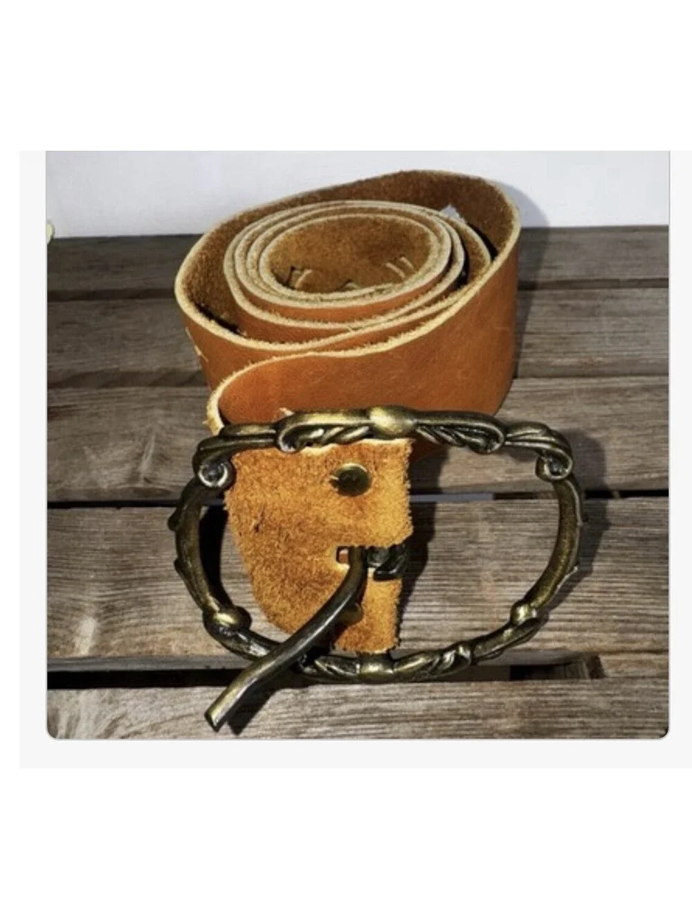 Vintage Wide Tan Leather Belt Ornate Brass Tone Buckle Boho Western Unisex 32”